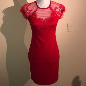 EXPRESS Red Fitted Lace High Neck Formal Dress